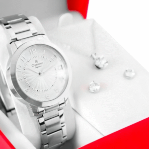 kit relógio feminino analógico champion original prata cn25118q prova d´agua 50 metros + colar e brincos presente perfeito